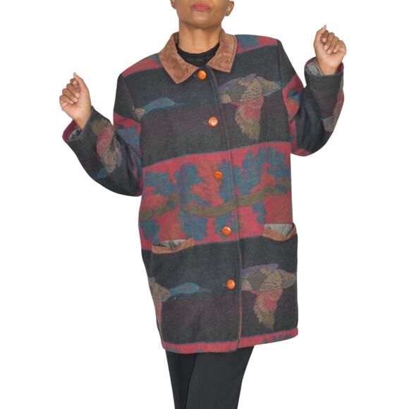 VINTAGE Flytime Tapestry Mallard Coat Italy Wool Duck Foliage Oversized Medium - Picture 10 of 16